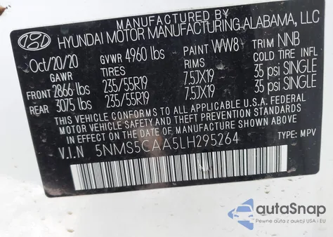 2020 Hyundai Santa Fe Limited 2.0T z USA, uszkodzony, nr VIN 5NMS5CAA5LH295264